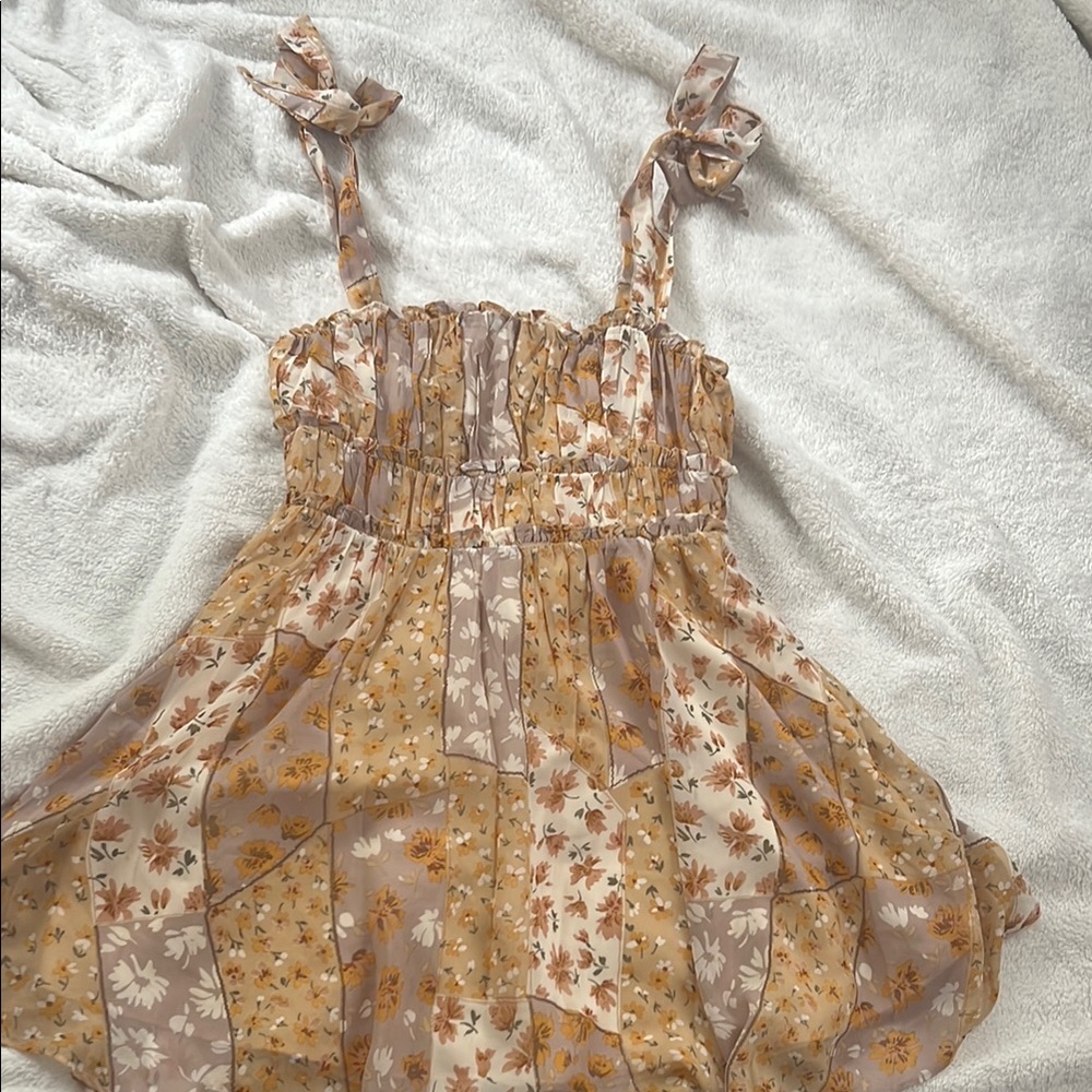 Cream and Orange Smocked Tie Front Sundress